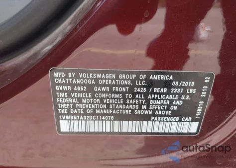 2013 Volkswagen Passat 2.0L Tdi Se z USA, uszkodzony, nr VIN 1VWBN7A32DC114076